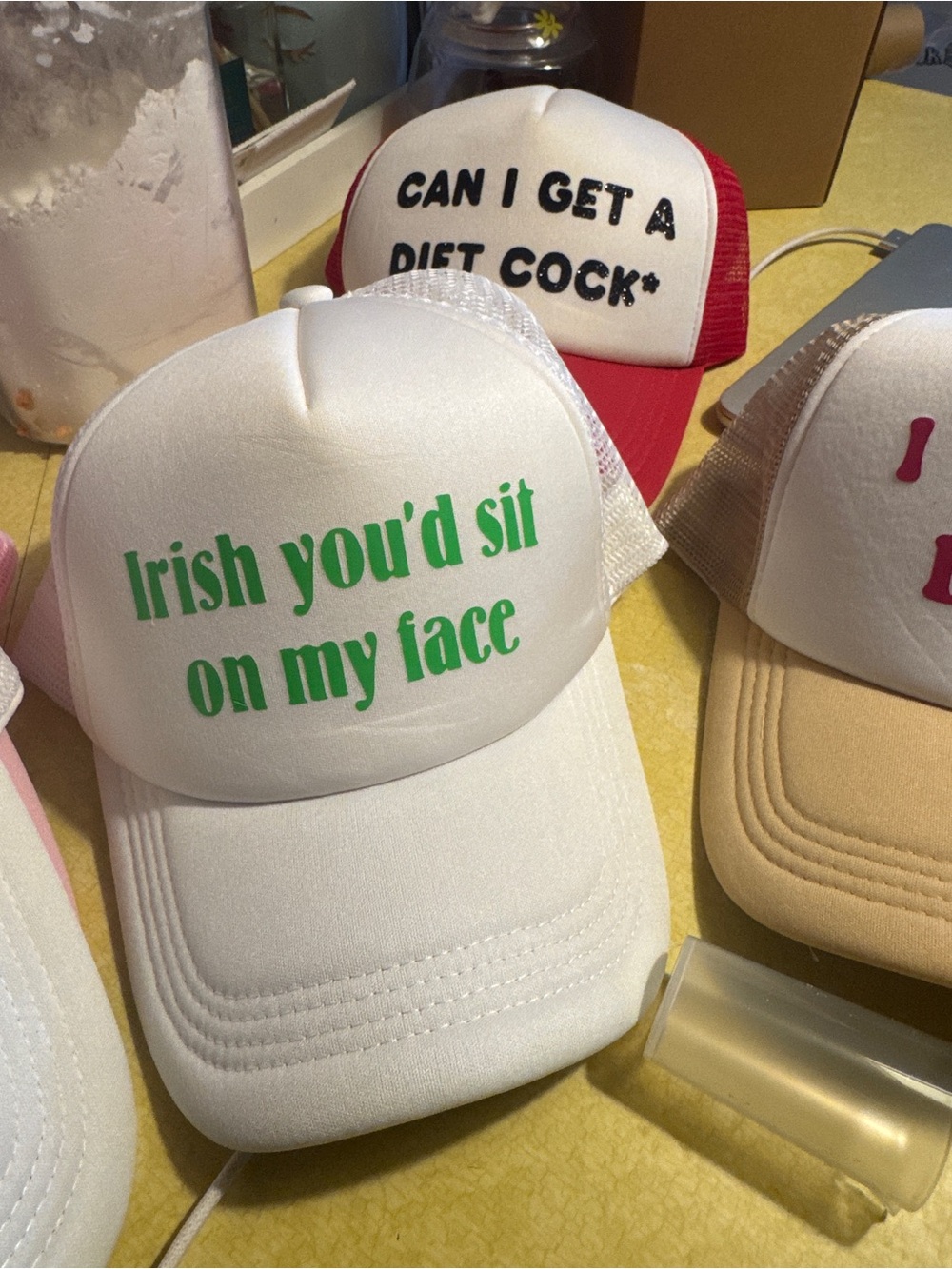 Adult White Trucker Hat with Green 'Irish you'd sit on my face' - adjustable